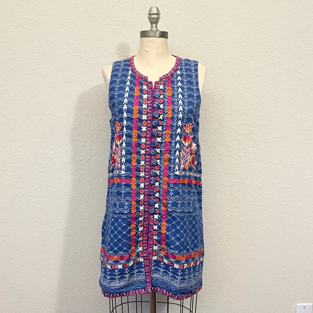 KHAADI Kurta Tunic Top Blue Floral Embroidered Sleeveless Cotton NWT